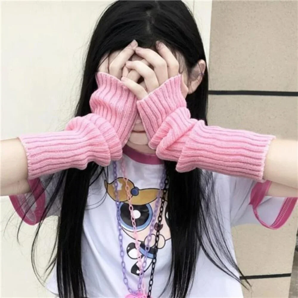 Kawaii Arm Warmers Y2K Fingerless Gloves Harajuku Goth Knit Arm Sleeves